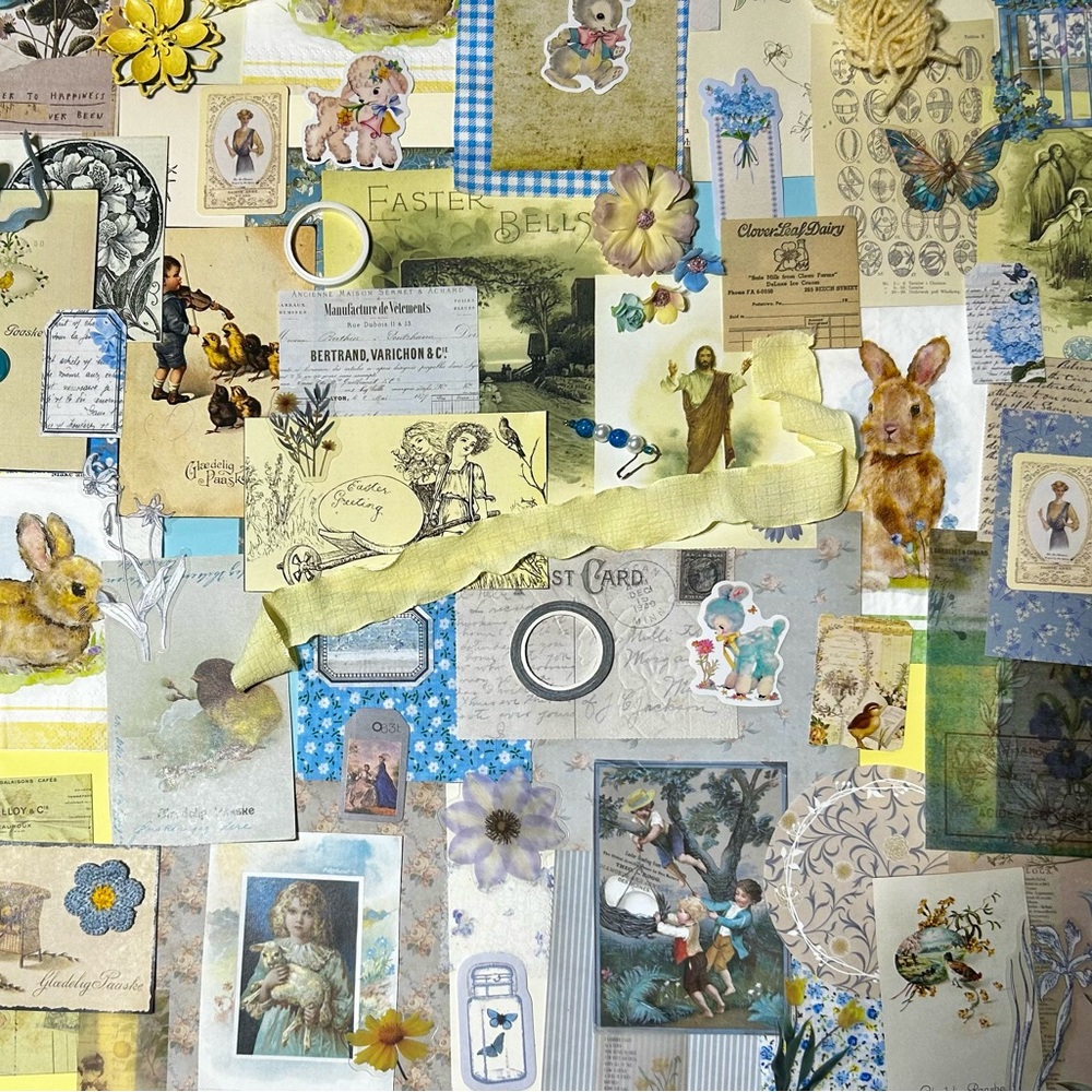 Vintage blue and yellow Easter theme junk journal paper and ephemera. Scrapbook